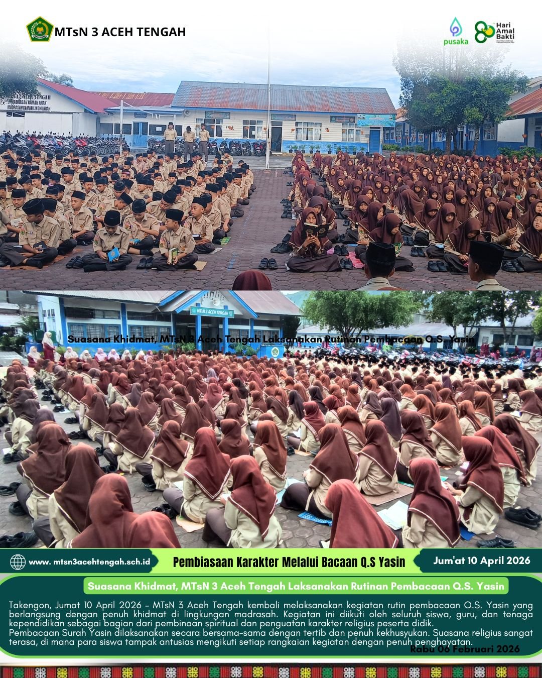 Suasana Khidmat, MTsN 3 Aceh Tengah Laksanakan Rutinan Pembacaan Q.S. Yasin