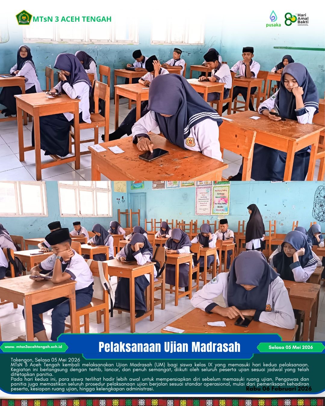 Hari Kedua Ujian Madrasah, MTsN 3 Aceh Tengah Pastikan Pelaksanaan Berjalan Lancar dan Tertib