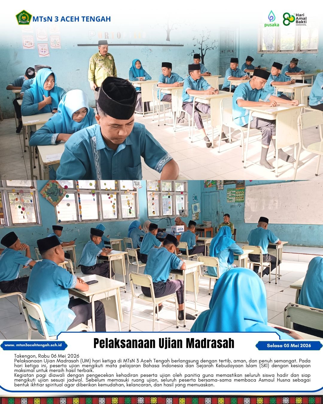 Semangat Hari Ketiga Ujian Madrasah, Siswa MTsN 3 Aceh Tengah Optimis Raih Nilai Tertinggi