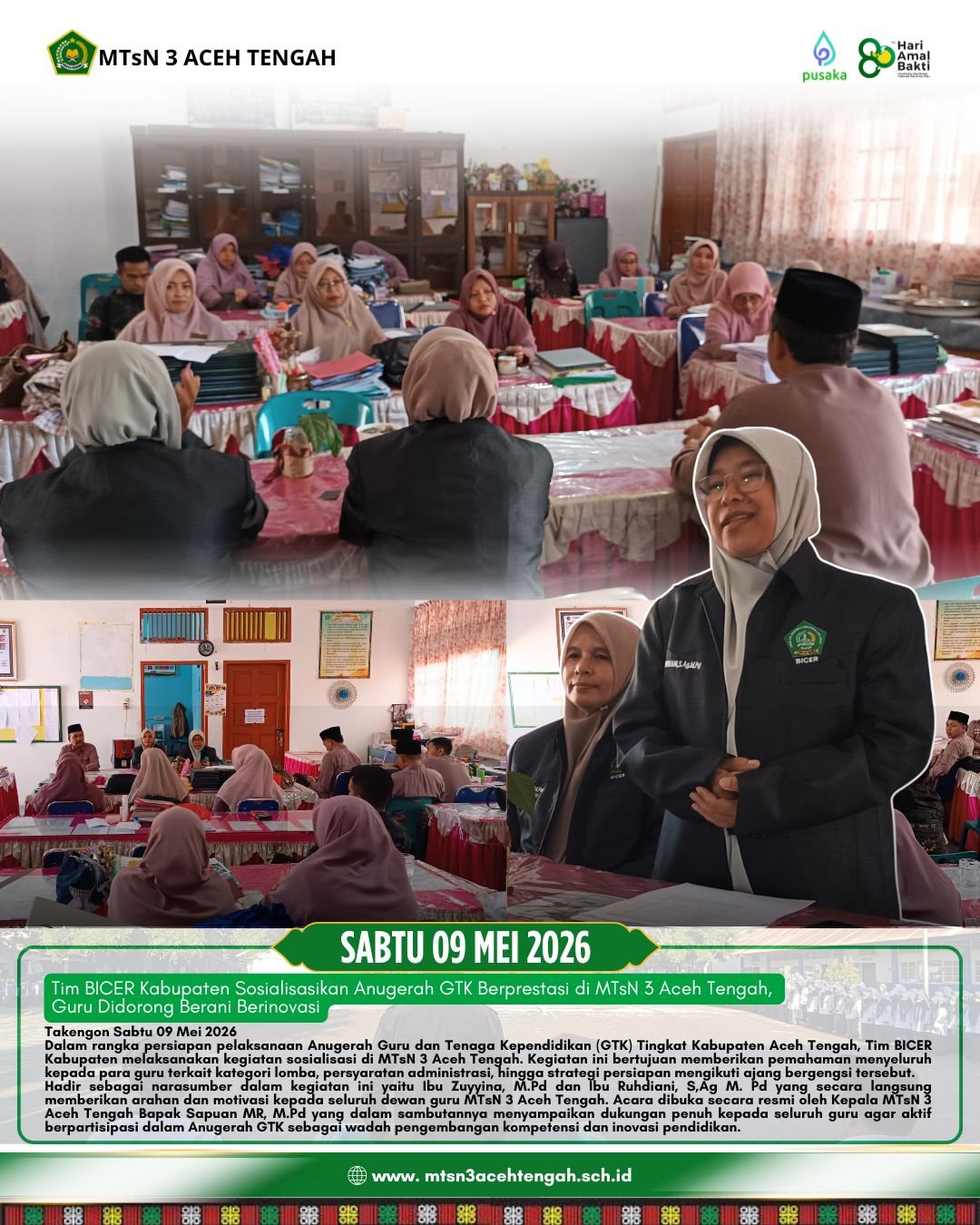 Tim BICER Kabupaten Sosialisasikan Anugerah GTK Berprestasi di MTsN 3 Aceh Tengah, Guru Didorong Berani Berinovasi